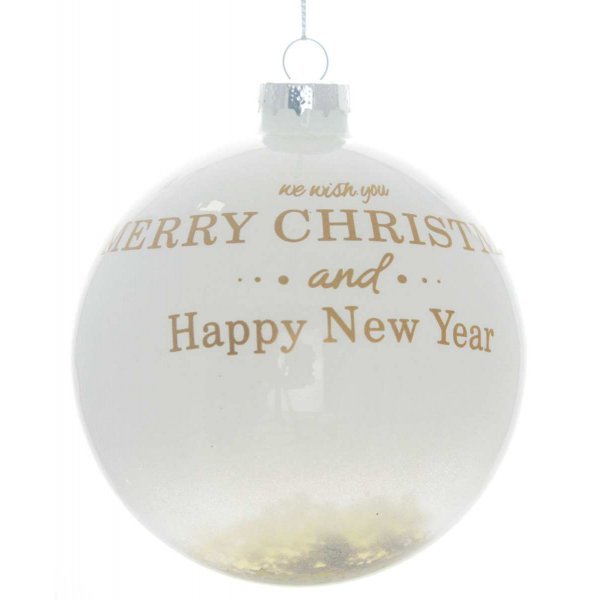 Χριστουγεννιάτικη Γυάλινη Λευκή Μπάλα, με Χρυσές Ευχές (10cm)